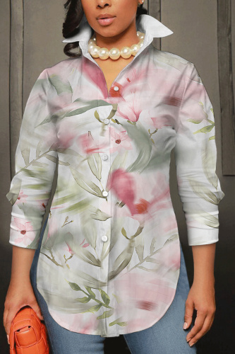Red Graphcis Print Shirt Collar Long Sleeve Buttons Slit Casual Vacation Shirt Tops