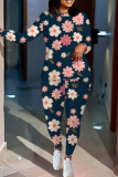 Dark Khaki Floral Print O Neck Long Sleeve Oversize Tops And Skinny Pants Sportwear Casual Two Pieces Sweatpant Sets