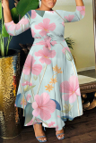 Light Blue Floral Print O Neck 3/4 Sleeve Belted Pockets Long Vacation Casual Pleated A Line Maxi Dresses