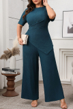 Malachite Green O Neck Short Sleeve Irregular Tops And Wide Leg Pants Casual Formal Office Lady Plus Size Two Pieces Trouser Sets