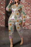 Navy Blue Christmas Print O Neck Long Sleeve Oversize Tops And Skinny Pants Sportwear Casual Two Pieces Sweatpant Sets