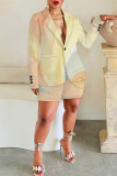 Brown Print Turn-back Collar Long Sleeve Buttons Blazer Jackets And Shorts Formal Office Lady Casual Two Pieces Suit Sets