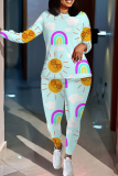 Light Cyan Cartoon Print O Neck Long Sleeve Oversize Tops And Skinny Pants Sportwear Casual Two Pieces Sweatpant Sets
