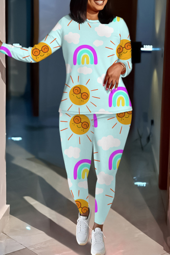 Light Cyan Cartoon Print O Neck Long Sleeve Oversize Tops And Skinny Pants Sportwear Casual Two Pieces Sweatpant Sets