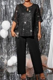 Black V Neck Hollow Out Sparkle Top And Pants Casual Formal Office Lady Plus Size Two Pieces Trouser Sets