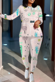 Pastel Green Floral Print O Neck Long Sleeve Oversize Tops And Skinny Pants Sportwear Casual Two Pieces Sweatpant Sets