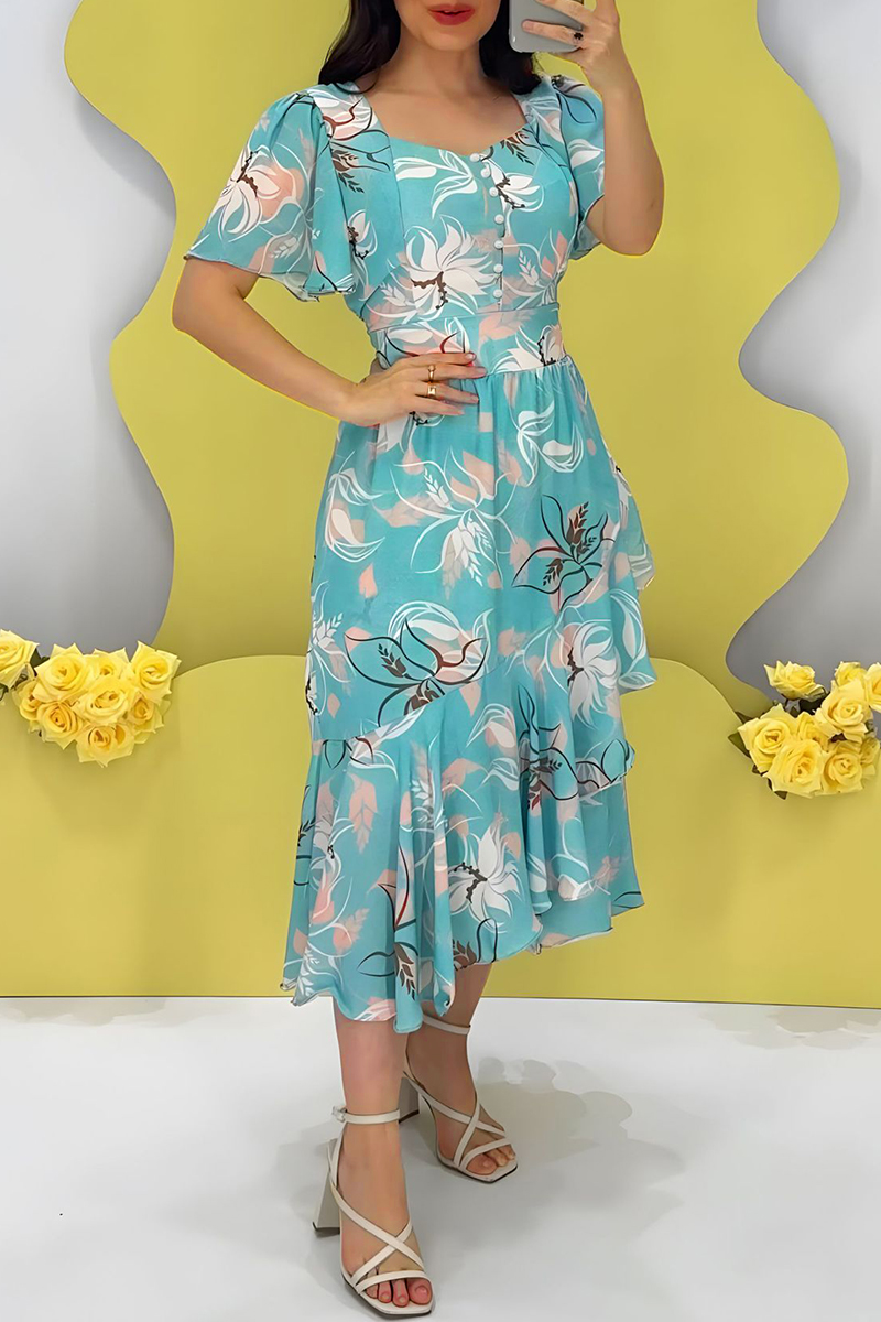 Sky Blue Ethnic Geometric Print Square Neck Smocked High Waist Ruffle Sleeve Dress