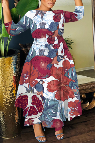 Multicolor Floral Print O Neck 3/4 Sleeve Belted Pockets Long Vacation Casual Pleated A Line Maxi Dresses