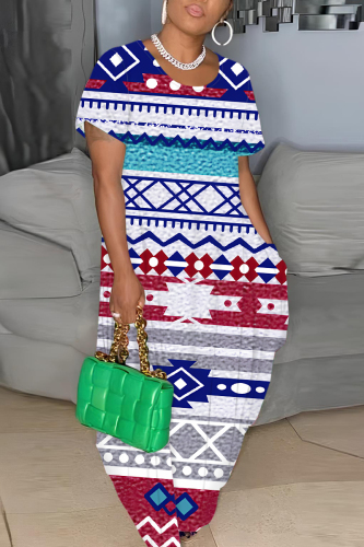 Blue Red Graphics Print O Neck Short Sleeve Long Side Slit Loose Vacation Straight Casual Plus Size Maxi T-shirt Dresses