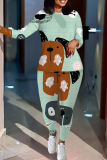 Blue Cartoon Print O Neck Long Sleeve Oversize Tops And Skinny Pants Sportwear Casual Two Pieces Sweatpant Sets