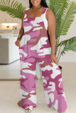 Purple Casual Floral Print Backless Sleeveless Square Neck Overall Vacation Wide Leg Jumpsuits