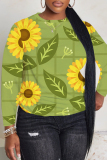 Light Apricot Floral Print O Neck Long Sleeve Fall Winter Casual Sweatshirt Tops