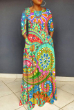 White Graphics Print O Neck Long Sleeve Long Loose Vacation Casual Pleated Maxi Dresses