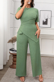 Malachite Green O Neck Short Sleeve Irregular Tops And Wide Leg Pants Casual Formal Office Lady Plus Size Two Pieces Trouser Sets