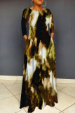 White Graphics Print O Neck Long Sleeve Long Loose Vacation Casual Pleated Maxi Dresses