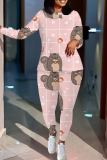 Light Cyan Cartoon Print O Neck Long Sleeve Oversize Tops And Skinny Pants Sportwear Casual Two Pieces Sweatpant Sets