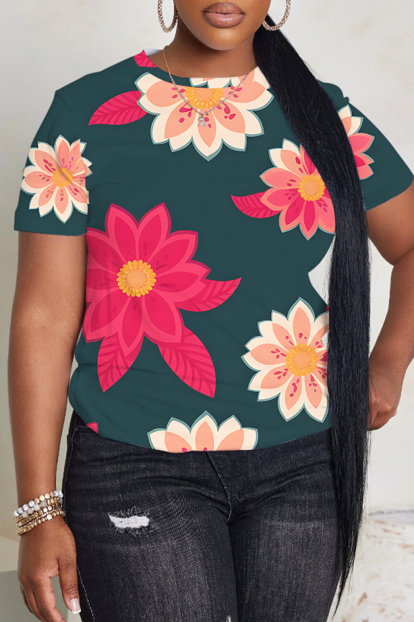 Multicolor  Floral Print O Neck Short Sleeve Casual Outing Oversize T-Shirts