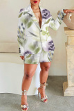 Brown Print Turn-back Collar Long Sleeve Buttons Blazer Jackets And Shorts Formal Office Lady Casual Two Pieces Suit Sets