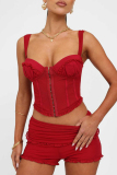 Red V Neck Sleeveless Buckle Strap Design Cami Tops And Shorts Formal Evening Party Prom Two Pieces Shorts Sets
