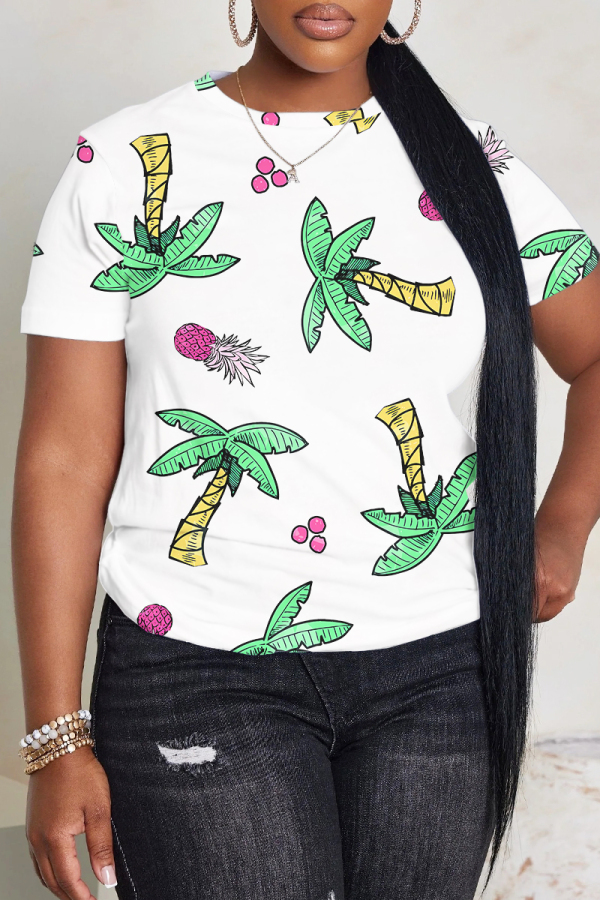 White Green Graphics Print O Neck Short Sleeve Casual Outing Oversize T-Shirts