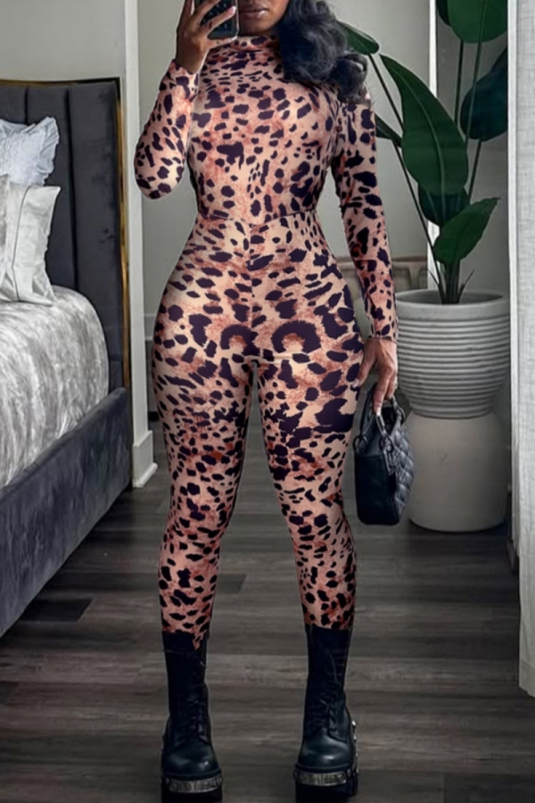Leopard Print Half A Turtleneck Casual One Piece Bodysuit Skinny Jumpsuits