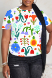 White Blue Graphics Print O Neck Short Sleeve Casual Outing Oversize T-Shirts