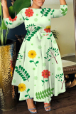 Yellow Floral Print O Neck 3/4 Sleeve Belted Pockets Long Vacation Casual Pleated A Line Maxi Dresses