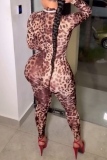 Leopard Print Half A Turtleneck Casual One Piece Bodysuit Skinny Jumpsuits