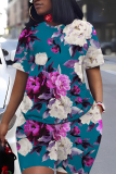 Beige Floral Print Round Neck Short Sleeve T-shirt And Shorts Casual Two Pieces Matching Sets