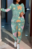 Light Cyan Cartoon Print O Neck Long Sleeve Oversize Tops And Skinny Pants Sportwear Casual Two Pieces Sweatpant Sets