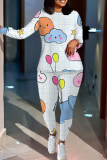 Blue Cartoon Print O Neck Long Sleeve Oversize Tops And Skinny Pants Sportwear Casual Two Pieces Sweatpant Sets