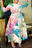 Light Blue Floral Print O Neck 3/4 Sleeve Belted Pockets Long Vacation Casual Pleated A Line Maxi Dresses