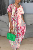 Blue Red Graphics Print O Neck Short Sleeve Long Side Slit Loose Vacation Straight Casual Plus Size Maxi T-shirt Dresses
