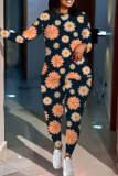Dark Khaki Floral Print O Neck Long Sleeve Oversize Tops And Skinny Pants Sportwear Casual Two Pieces Sweatpant Sets