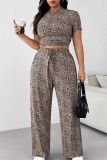 Multicolor Graphics Print Short Sleeve O Neck Crop T-shirt And Wide Leg Pants Casual Plus Size Two Pieces Trouser Sets