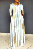 White Graphics Print O Neck Long Sleeve Long Loose Vacation Casual Pleated Maxi Dresses