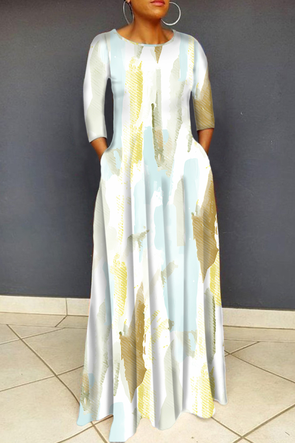 White Graphics Print O Neck Long Sleeve Long Loose Vacation Casual Pleated Maxi Dresses
