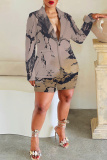 Brown Print Turn-back Collar Long Sleeve Buttons Blazer Jackets And Shorts Formal Office Lady Casual Two Pieces Suit Sets