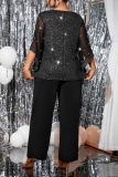 Black V Neck Hollow Out Sparkle Top And Pants Casual Formal Office Lady Plus Size Two Pieces Trouser Sets
