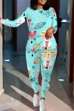 Pastel Green Floral Print O Neck Long Sleeve Oversize Tops And Skinny Pants Sportwear Casual Two Pieces Sweatpant Sets