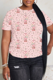 Pink Cartoon Print O Neck Short Sleeve Casual Outing Oversize T-Shirts