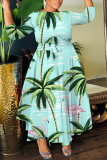 Light Blue Floral Print O Neck 3/4 Sleeve Belted Pockets Long Vacation Casual Pleated A Line Maxi Dresses