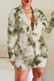 Brown Print Turn-back Collar Long Sleeve Buttons Blazer Jackets And Shorts Formal Office Lady Casual Two Pieces Suit Sets