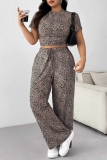 Multicolor Graphics Print Short Sleeve O Neck Crop T-shirt And Wide Leg Pants Casual Plus Size Two Pieces Trouser Sets