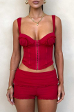 Red V Neck Sleeveless Buckle Strap Design Cami Tops And Shorts Formal Evening Party Prom Two Pieces Shorts Sets