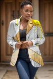 Yellow Casual Gaphics Print Cardigan Long Sleeve Turn-back Collar Plus Size Blazer Jackets