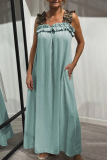 Khaki Leopard Sleeveless Square Neck Pocket Flounce Casual Loose Vacation Maxi Dresses