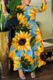 Light Blue Floral Print O Neck 3/4 Sleeve Belted Pockets Long Vacation Casual Pleated A Line Maxi Dresses