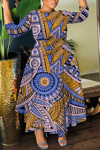 Blue Pink Boho Floral Print O Neck 3/4 Sleeve Belted Pockets Long Vacation Casual Plus Size Pleated A Line Maxi Dresses