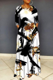 White Graphics Print O Neck Long Sleeve Long Loose Vacation Casual Pleated Maxi Dresses